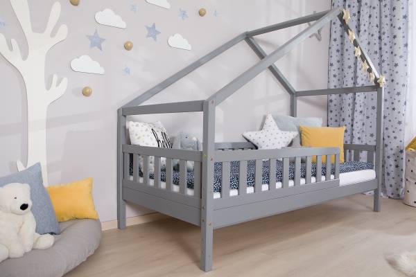 Massives Hausbett Lou Kiefer Grau - 90 x 200cm - Mit Lattenrost