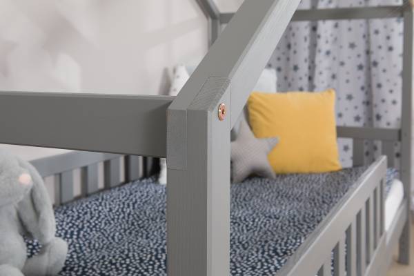 Massives Hausbett Lou Kiefer Grau - 90 x 200cm - Mit Lattenrost