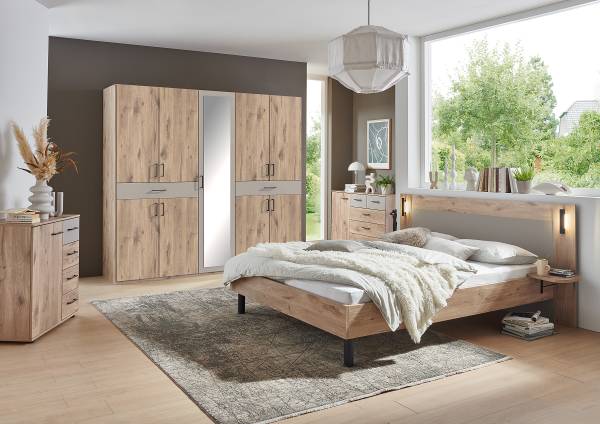Bettgestell Belgrad mit Ablage Eiche Viking Dekor / Saharagrau - 180 x 200cm