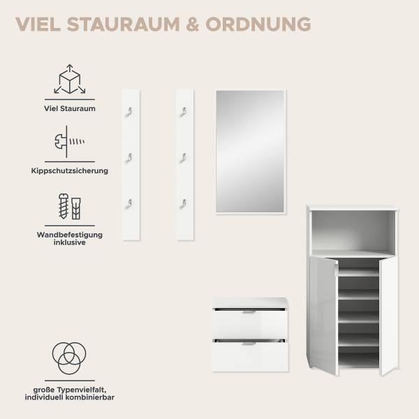 Garderobenset Idom 5-teilig Kombi F Hochglanz Weiß / Matt Weiß