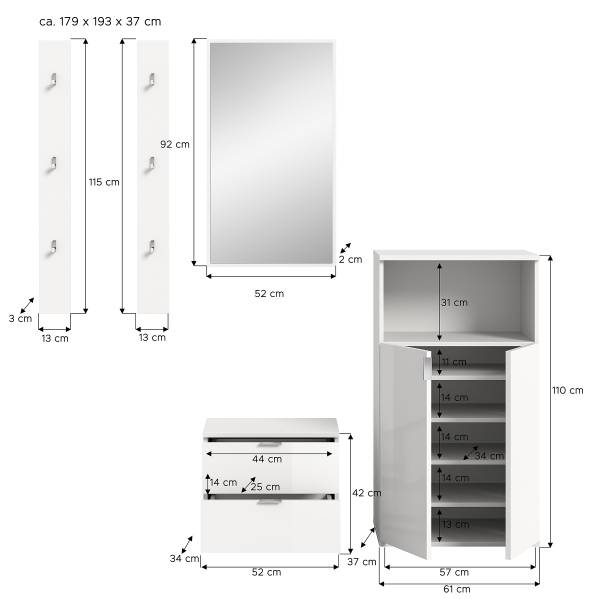Garderobenset Idom 5-teilig Kombi F Hochglanz Weiß / Matt Weiß