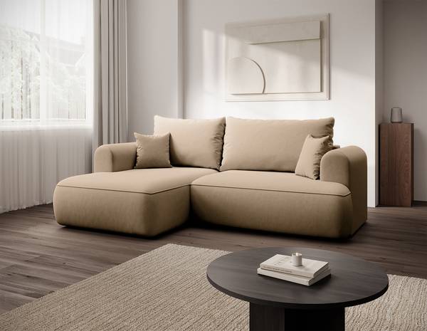 Divano letto angolare OVO B Velluto Cassie: beige marrone - Longchair preimpostata a sinistra