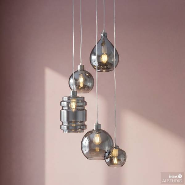 Pendelleuchte GLOWIN Rauchglas / Eisen - 5-flammig - Grau