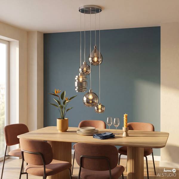 Pendelleuchte GLOWIN Rauchglas / Eisen - 5-flammig - Grau