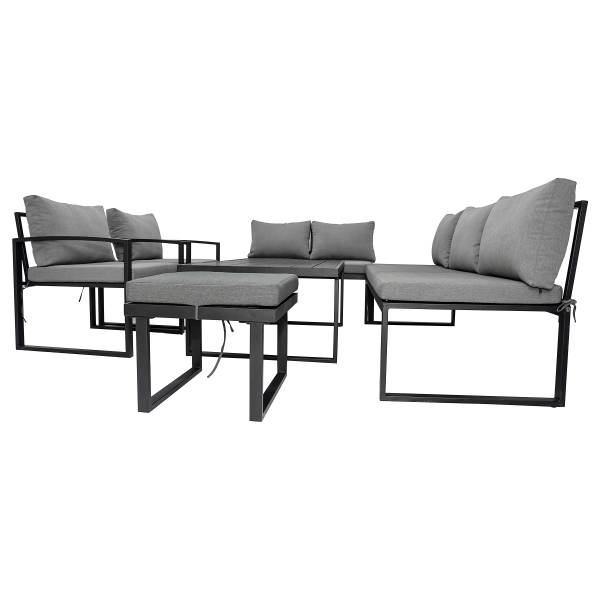 Loungeset Minto 6-teilig Eisen / Webstoff - Grau / Anthrazit