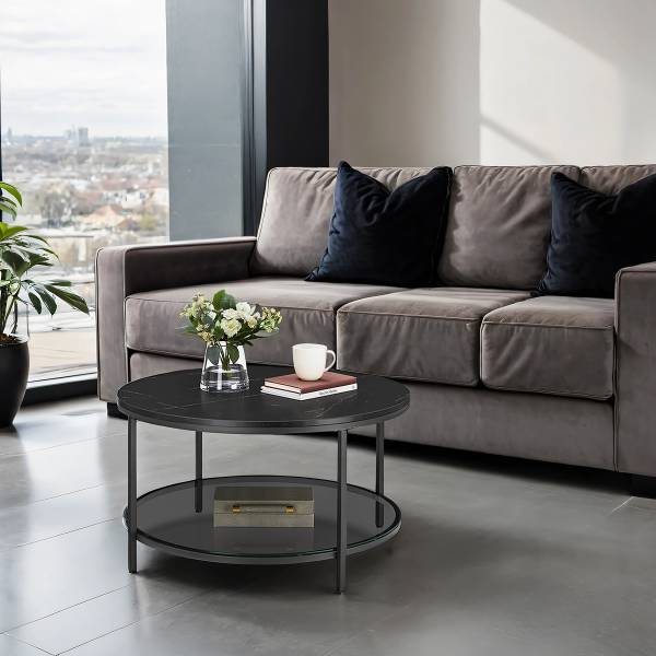 Couchtisch Chongu Marmor Schwarz Dekor - Durchmesser: 80 cm