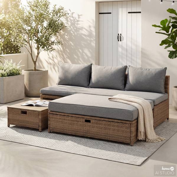 Loungeset Nuvano 3-teilig Polyrattan / Webstoff - Braun / Grau