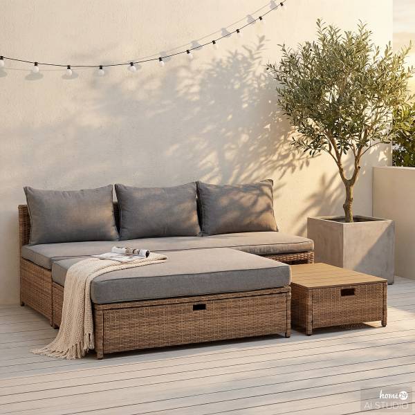 Loungeset Nuvano 3-teilig Polyrattan / Webstoff - Braun / Grau