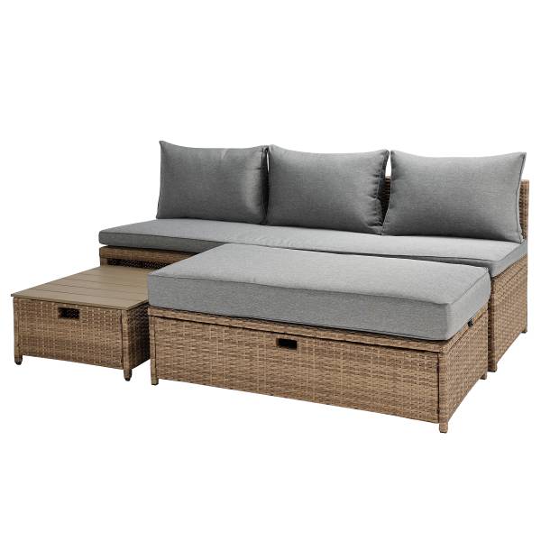 Loungeset Nuvano 3-teilig Polyrattan / Webstoff - Braun / Grau