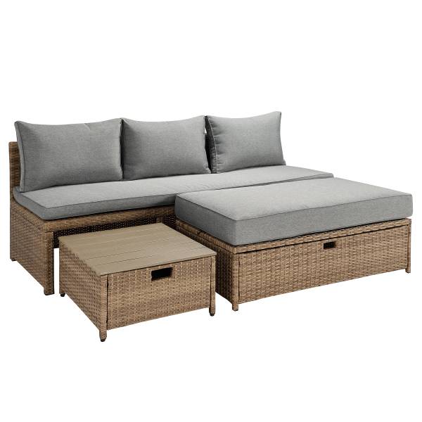 Loungeset Nuvano 3-teilig Polyrattan / Webstoff - Braun / Grau