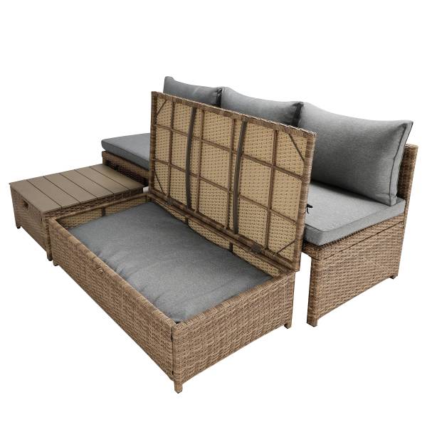 Loungeset Nuvano 3-teilig Polyrattan / Webstoff - Braun / Grau
