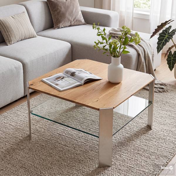 Salontafel KNIPEN vierkant massief eikenhout/glas
