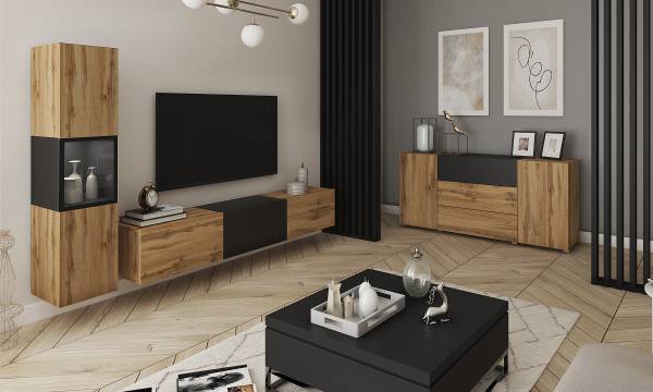 Wandmeubelset Baiola 2-dlg + verlichting Wotan eikenhout look/zwart