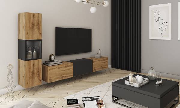 Wandmeubelset Baiola 2-dlg + verlichting Wotan eikenhout look/zwart