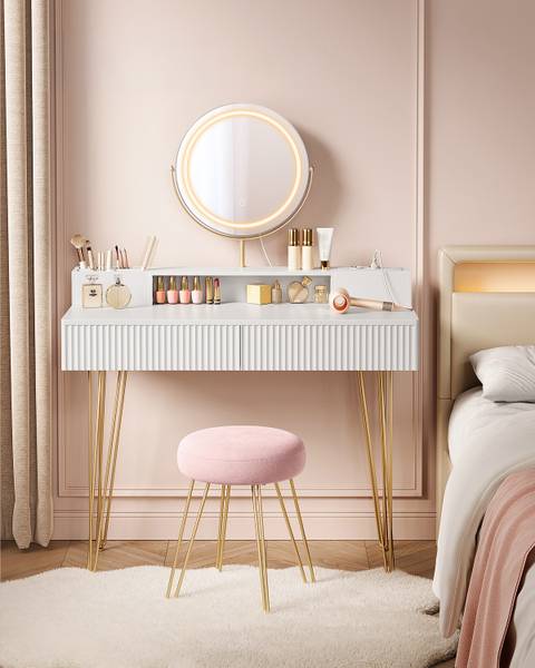 Kaptafel met verlichting Millak fluweel - wit/goudkleurig - Breedte: 100 cm