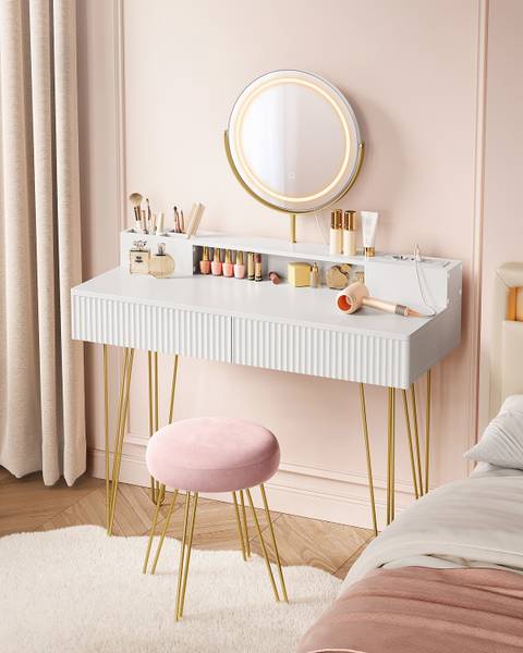 Kaptafel met verlichting Millak fluweel - wit/goudkleurig - Breedte: 100 cm