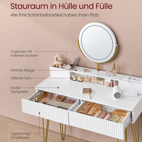 Kaptafel met verlichting Millak fluweel - wit/goudkleurig - Breedte: 100 cm