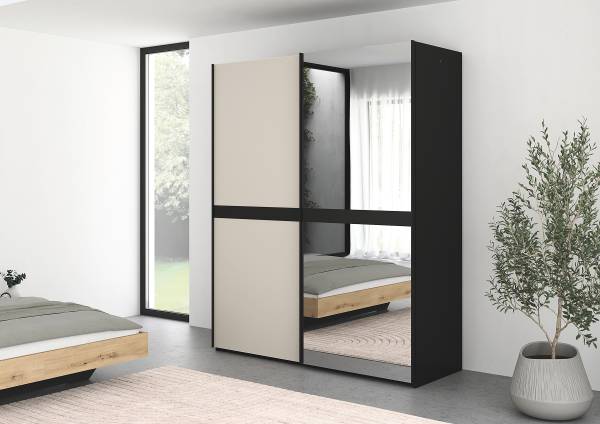 Armoire verre mat Scale Noir / Cachemire - Largeur : 181 cm - Avec portes miroir