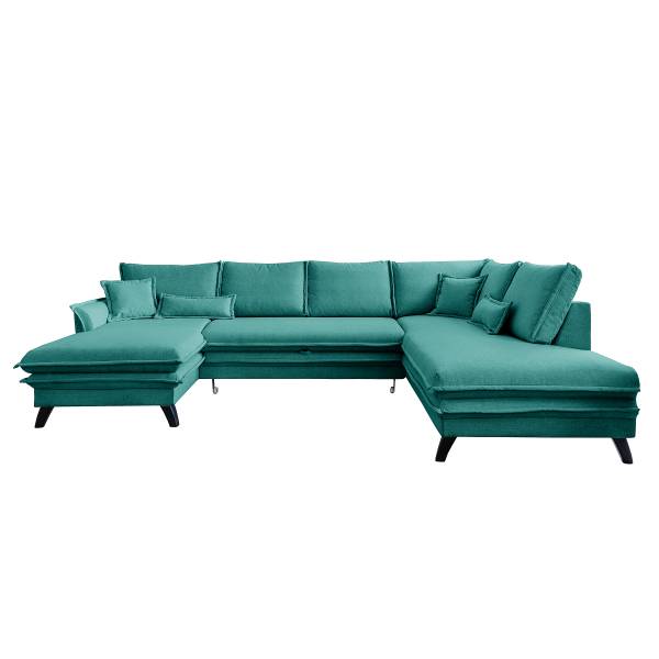 Canapé panoramique convertible Jujuk Microfibre Enzo: Turquoise - Méridienne courte à gauche / longue à droite (vue de face)