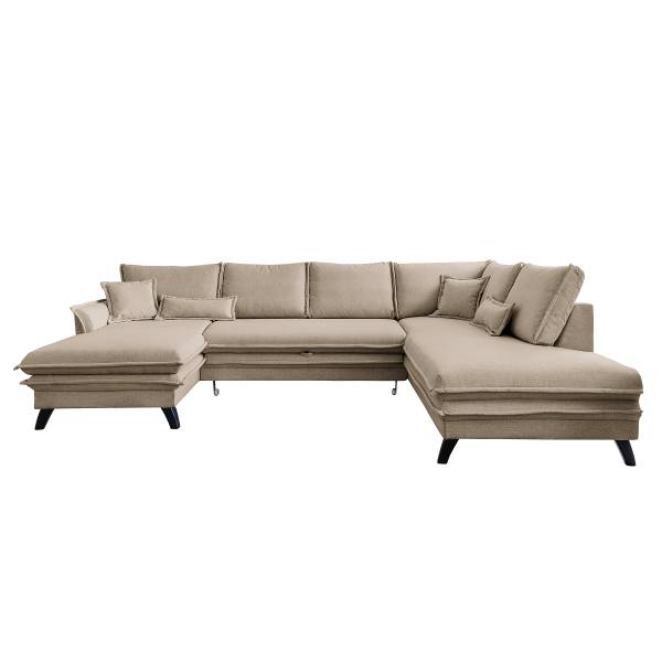 Wohnlandschaft Jujuk mit Schlaffunktion Microfaser Enzo: Helltaupe - Longchair davorstehend links / Ottomane rechts