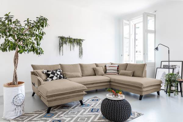 Wohnlandschaft Jujuk mit Schlaffunktion Microfaser Enzo: Helltaupe - Longchair davorstehend links / Ottomane rechts