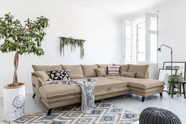 Wohnlandschaft Jujuk mit Schlaffunktion Microfaser Enzo: Helltaupe - Longchair davorstehend links / Ottomane rechts