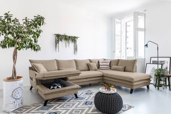 Wohnlandschaft Jujuk mit Schlaffunktion Microfaser Enzo: Helltaupe - Longchair davorstehend links / Ottomane rechts