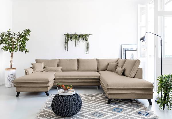 Wohnlandschaft Jujuk mit Schlaffunktion Microfaser Enzo: Helltaupe - Longchair davorstehend links / Ottomane rechts