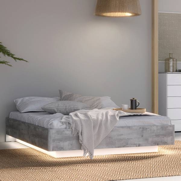 Beleuchtetes Futonbett Licina Weiß / Beton Dekor