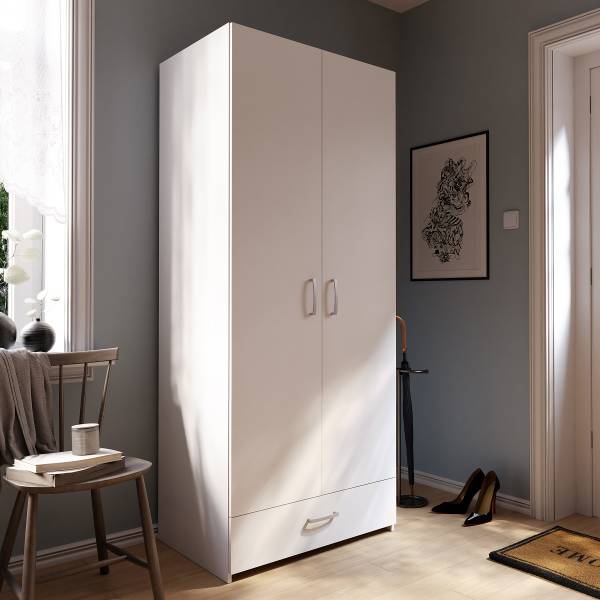 Drehtürenschrank Loron mit Schublade Weiß - Breite: 80 cm - Ohne Spiegeltür/-en