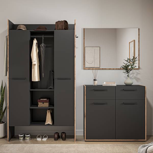 Garderobenset Bueno 3-teilig mit Schrank Graphit / Eiche Nox Dekor