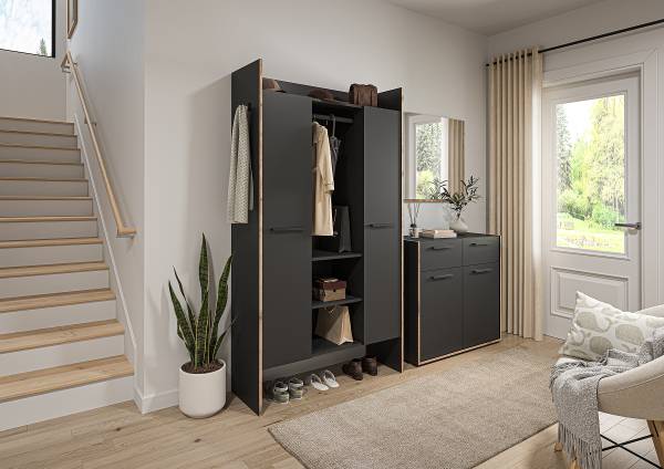 Garderobenset Bueno 3-teilig mit Schrank Graphit / Eiche Nox Dekor