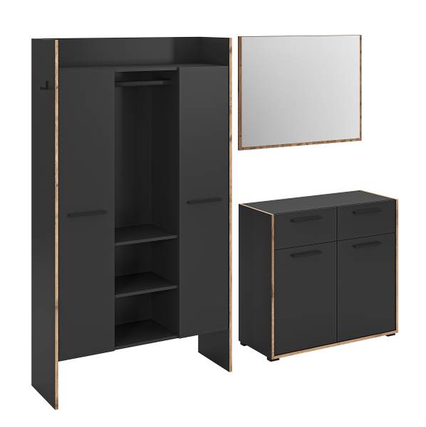 Garderobenset Bueno 3-teilig mit Schrank Graphit / Eiche Nox Dekor