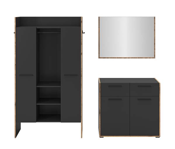 Garderobenset Bueno 3-teilig mit Schrank Graphit / Eiche Nox Dekor