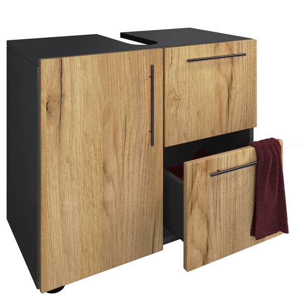 Meuble sous-vasque Flandu - 2 tiroirs Anthracite / Imitation chêne