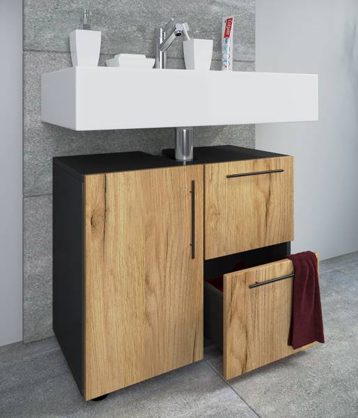 Meuble sous-vasque Flandu - 2 tiroirs Anthracite / Imitation chêne