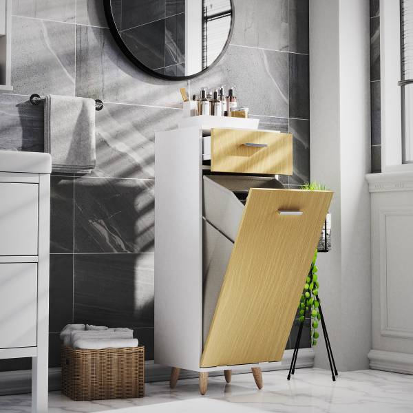 Unterschrank Landos mit Wäschekippe Weiß / Eiche Dekor - Breite: 40 cm