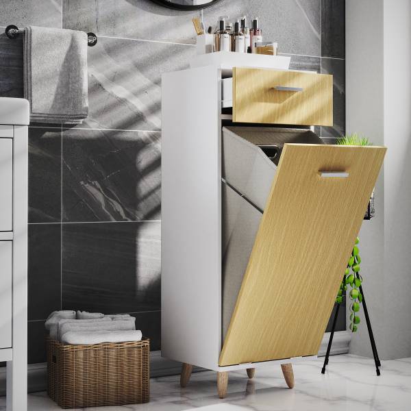 Unterschrank Landos mit Wäschekippe Weiß / Eiche Dekor - Breite: 40 cm
