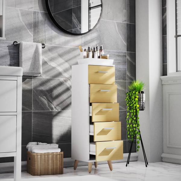 Midischrank Landos 5 Schubladen Weiß / Eiche Dekor