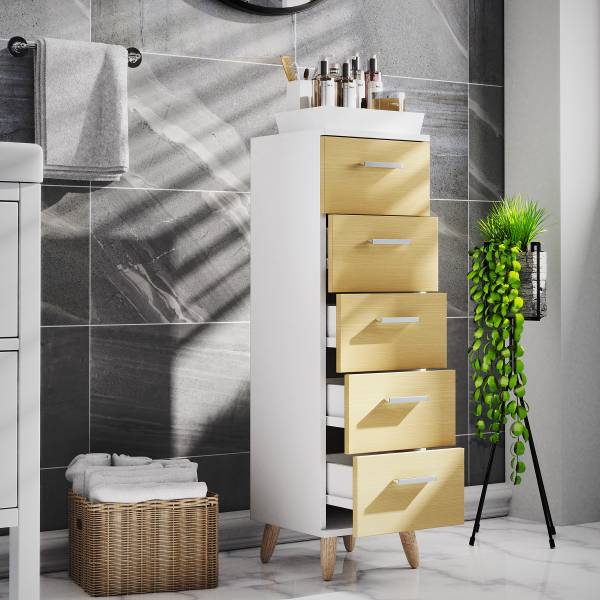 Midischrank Landos 5 Schubladen Weiß / Eiche Dekor