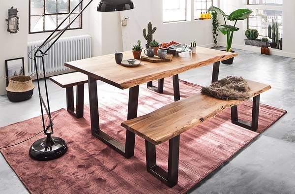 Banc en bois massif KAPRA Acacia brun - Largeur : 140 cm - Noir - Trapézoïdal