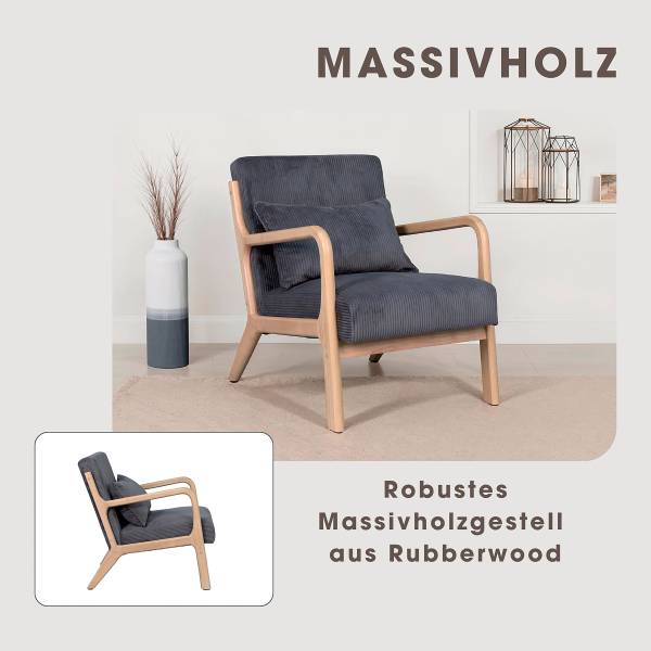 Loungesessel Caraa Cord / Gummibaum massiv - Grau