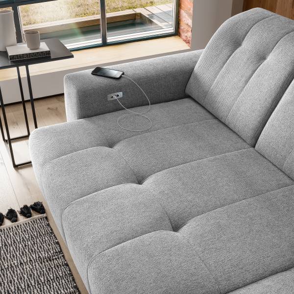 Hoekbank Dunba met zitdiepteverstelling Geweven stof Venka: zilverkleurig - chaise longue vooraanzicht rechts