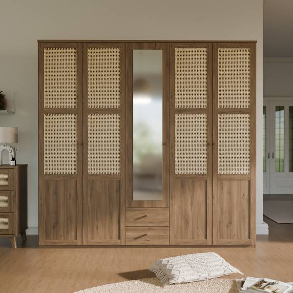 Armadio battente Budhua Effetto rovere scuro / beige