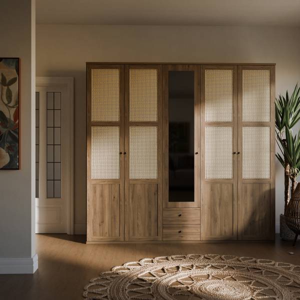 Armadio battente Budhua Effetto rovere scuro / beige