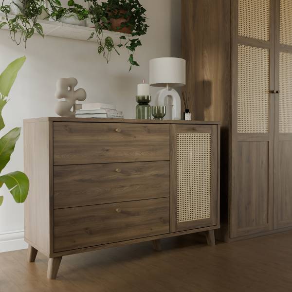 Commode Budhua avec 1 porte Imitation chêne foncé / Blanc