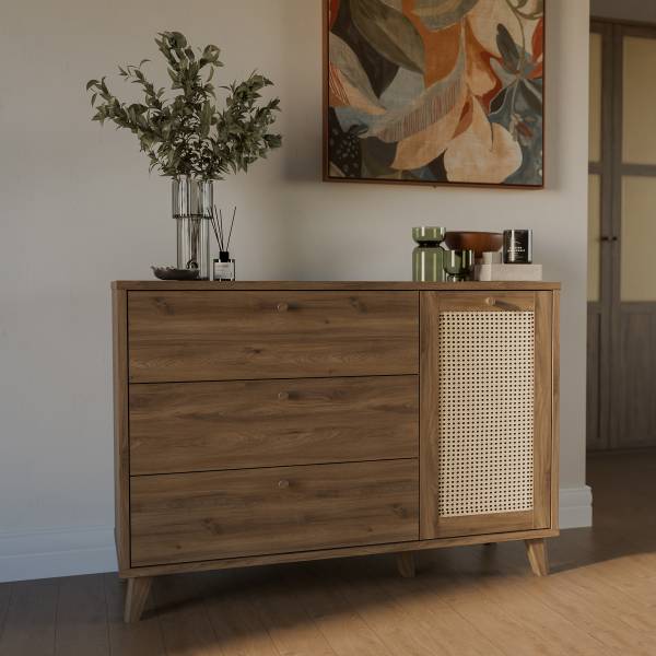 Commode Budhua avec 1 porte Imitation chêne foncé / Blanc