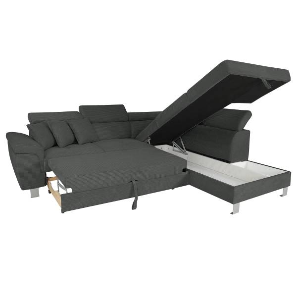 Divano letto angolare Laqun Velluto a coste Zuri: color grafite - Penisola preimpostata a destra