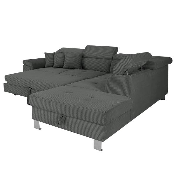 Divano letto angolare Laqun Velluto a coste Zuri: color grafite - Penisola preimpostata a destra