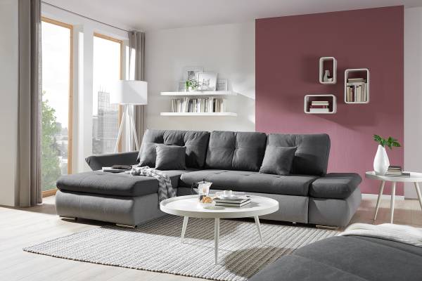 Ecksofa Lepelle mit Schlaffunktion Grau - Webstoff - 302 x 87 x 187 cm